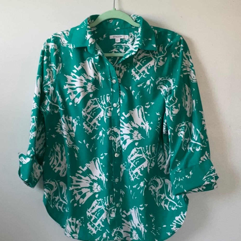 Chico's Green and White Blouse
